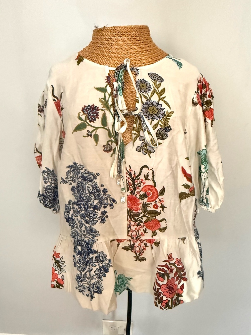 CeCe Cream Floral Peplum Tie-Back Blouse